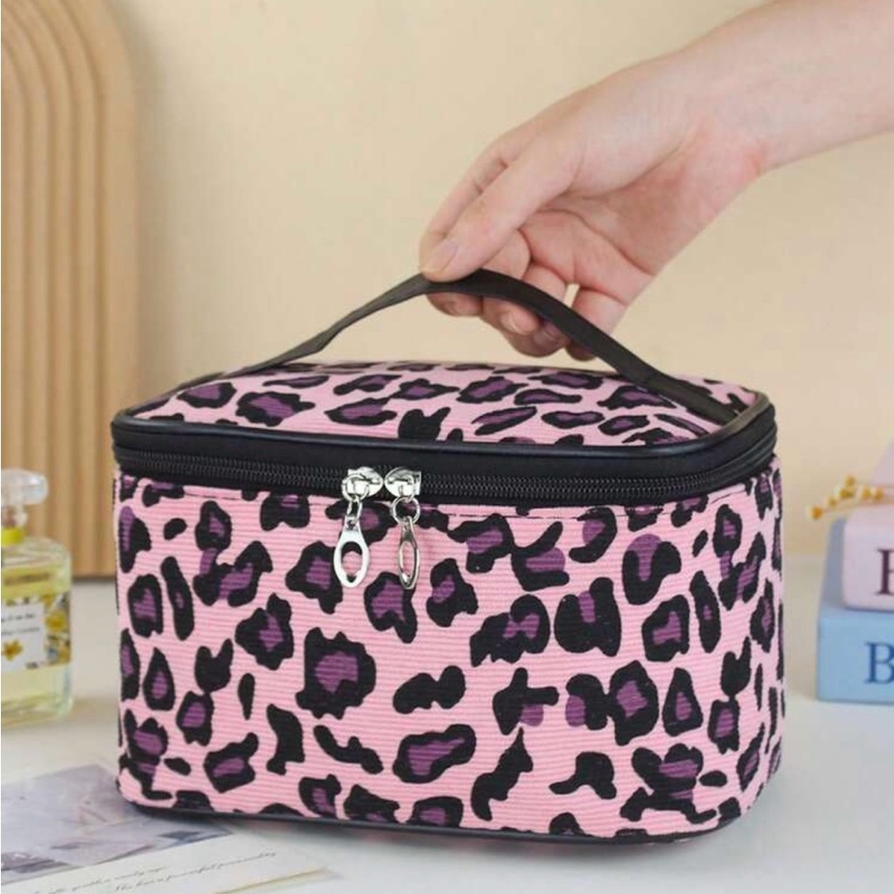 Pink Leopard Print Travel Makeup Case with Top Handle